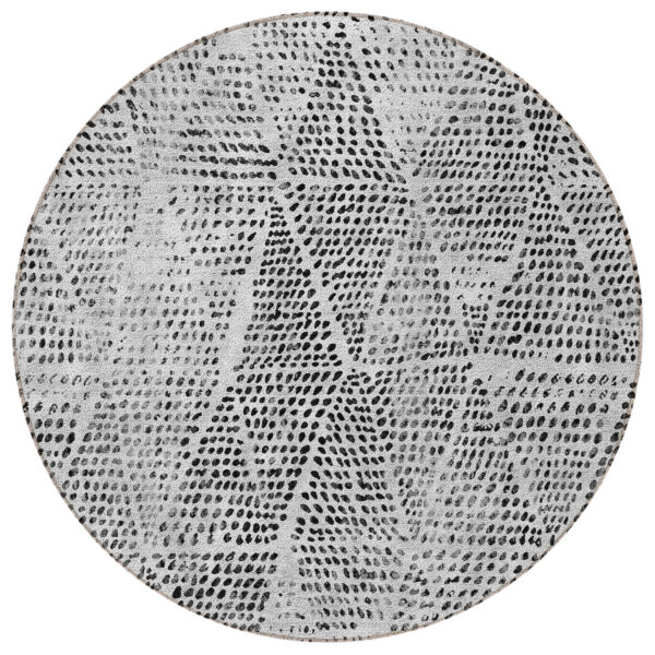 8' Pewter Charcoal And Ivory Round Geometric Washable Indoor Outdoor Area Rug