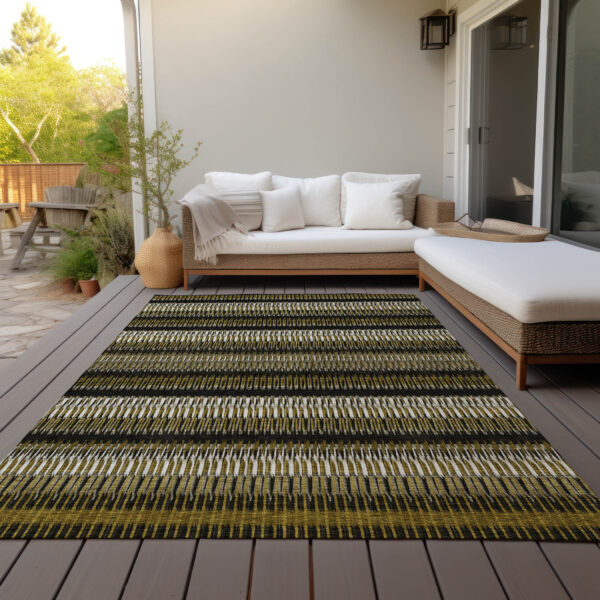 10' X 14' Brown Ivory And Black Striped Washable Indoor Outdoor Area Rug