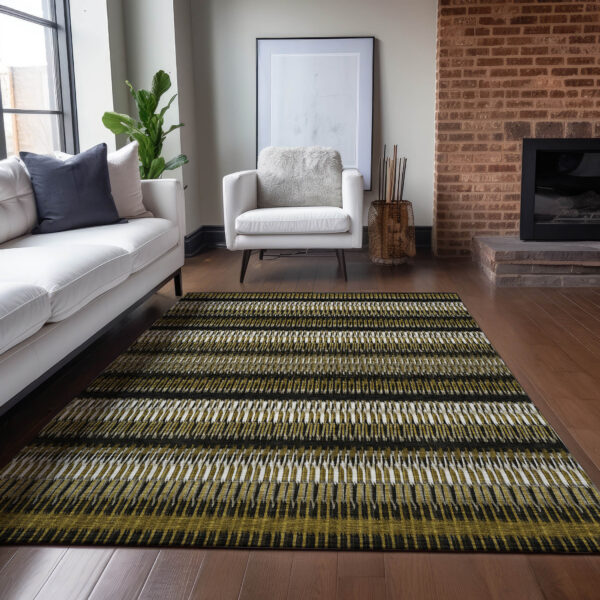 10' X 14' Brown Ivory And Black Striped Washable Indoor Outdoor Area Rug