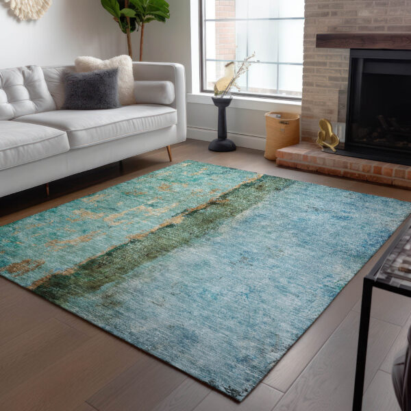 8' X 10' Blue And Gold Abstract Washable Indoor Outdoor Area Rug