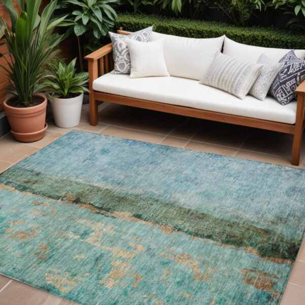 8' X 10' Blue And Gold Abstract Washable Indoor Outdoor Area Rug