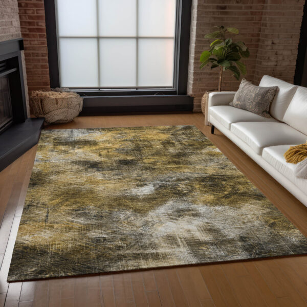 10' X 14' Brown Beige And Gold Abstract Washable Indoor Outdoor Area Rug