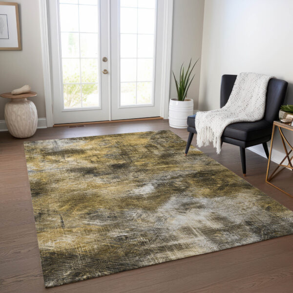 10' X 14' Brown Beige And Gold Abstract Washable Indoor Outdoor Area Rug