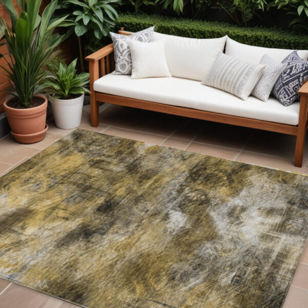 10' X 14' Brown Beige And Gold Abstract Washable Indoor Outdoor Area Rug