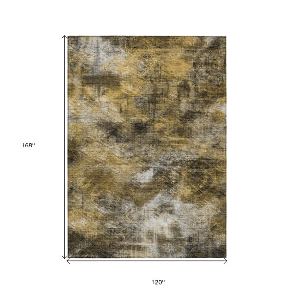 10' X 14' Brown Beige And Gold Abstract Washable Indoor Outdoor Area Rug