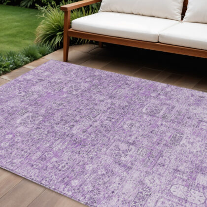 8' X 10' Lilac And Purple Floral Washable Indoor Outdoor Area Rug