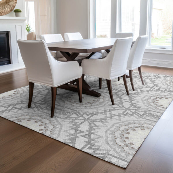 5' X 8' Silver Ivory And Gray Floral Medallion Washable Indoor Outdoor Area Rug