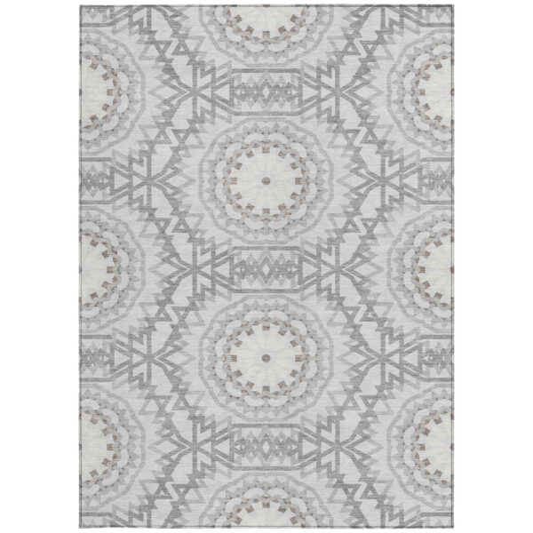 5' X 8' Silver Ivory And Gray Floral Medallion Washable Indoor Outdoor Area Rug