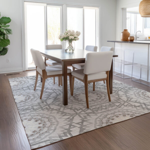 5' X 8' Silver Ivory And Gray Floral Medallion Washable Indoor Outdoor Area Rug