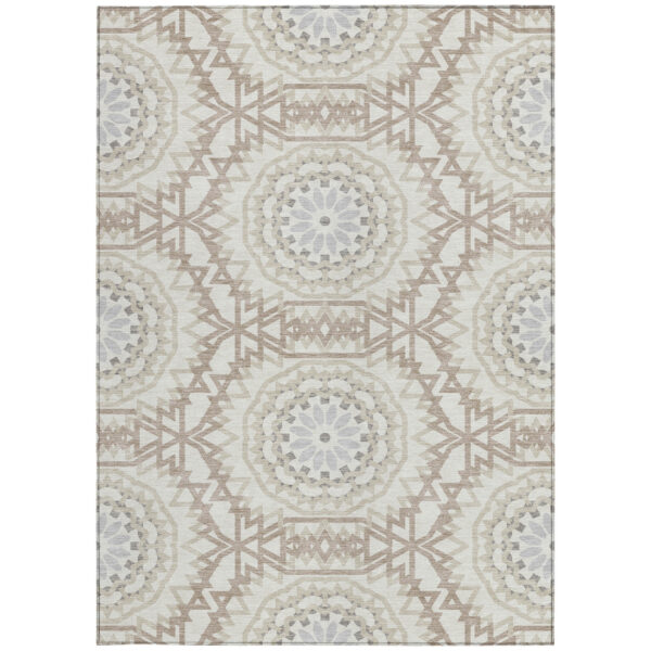 8' X 10' Ivory Beige And Silver Floral Medallion Washable Indoor Outdoor Area Rug