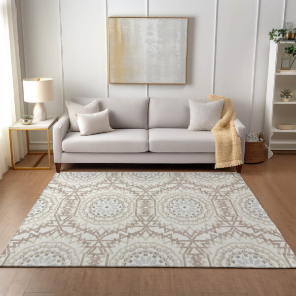 8' X 10' Ivory Beige And Silver Floral Medallion Washable Indoor Outdoor Area Rug