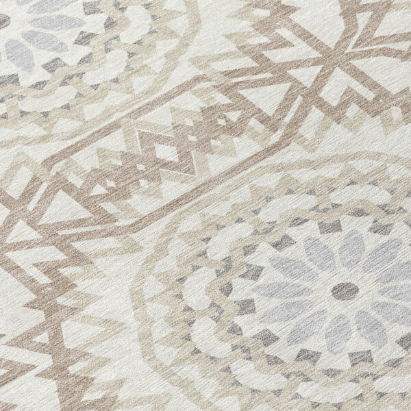 8' X 10' Ivory Beige And Silver Floral Medallion Washable Indoor Outdoor Area Rug