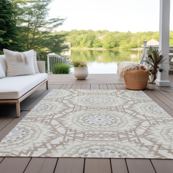 8' X 10' Ivory Beige And Silver Floral Medallion Washable Indoor Outdoor Area Rug