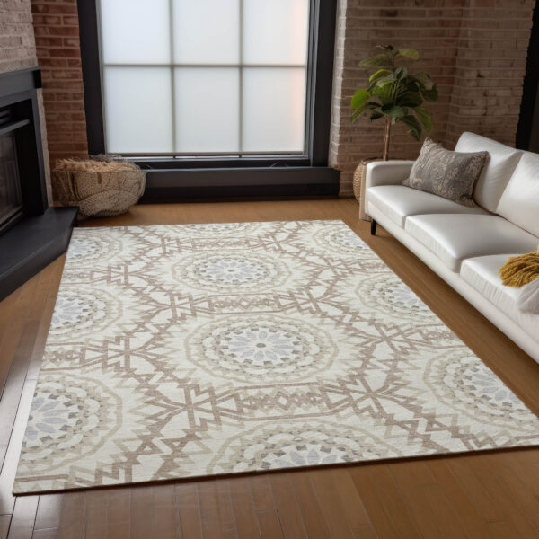8' X 10' Ivory Beige And Silver Floral Medallion Washable Indoor Outdoor Area Rug