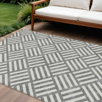 8' X 10' Charcoal And Ivory Geometric Washable Indoor Outdoor Area Rug