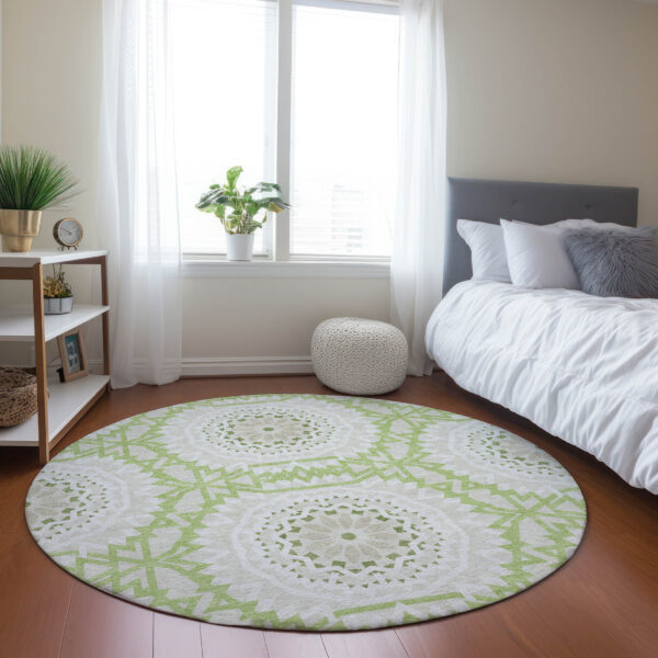 8' Artichoke Green Olive Green And Tan Round Floral Medallion Washable Indoor Outdoor Area Rug