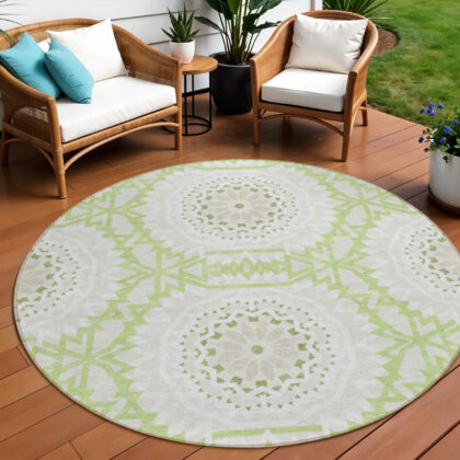 8' Artichoke Green Olive Green And Tan Round Floral Medallion Washable Indoor Outdoor Area Rug