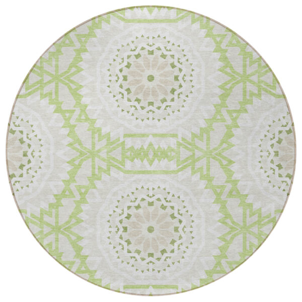 8' Artichoke Green Olive Green And Tan Round Floral Medallion Washable Indoor Outdoor Area Rug