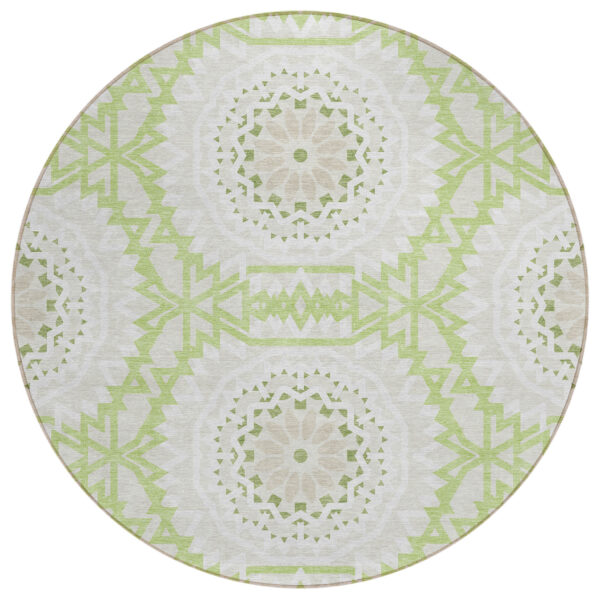 8' Artichoke Green Olive Green And Tan Round Floral Medallion Washable Indoor Outdoor Area Rug