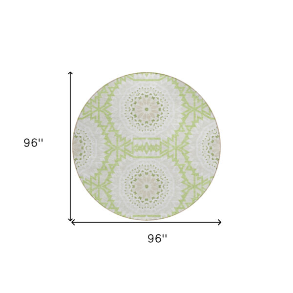 8' Artichoke Green Olive Green And Tan Round Floral Medallion Washable Indoor Outdoor Area Rug