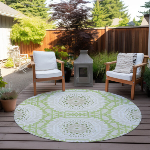 8' Artichoke Green Olive Green And Tan Round Floral Medallion Washable Indoor Outdoor Area Rug