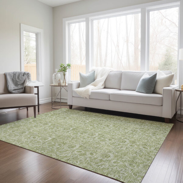 9' X 12' Green Floral Washable Indoor Outdoor Area Rug