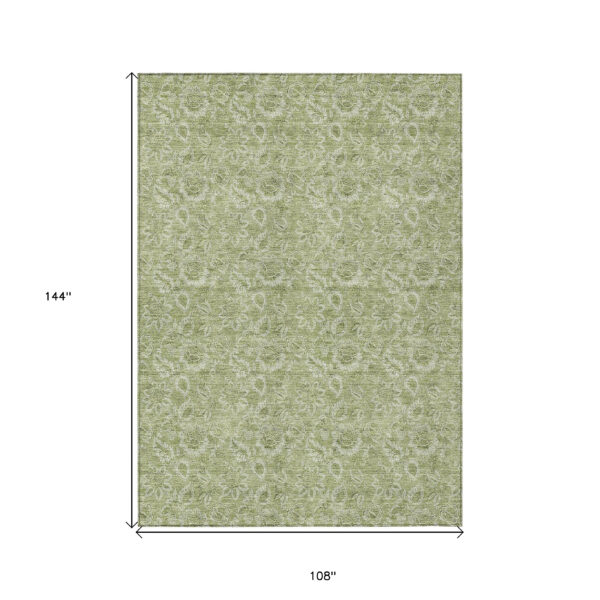 9' X 12' Green Floral Washable Indoor Outdoor Area Rug