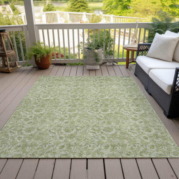 9' X 12' Green Floral Washable Indoor Outdoor Area Rug