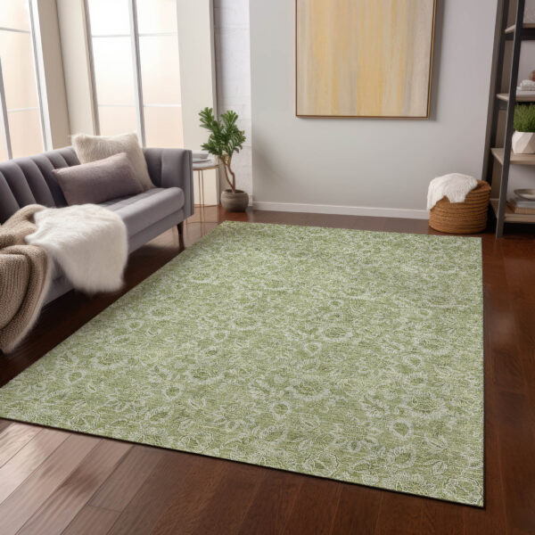 9' X 12' Green Floral Washable Indoor Outdoor Area Rug