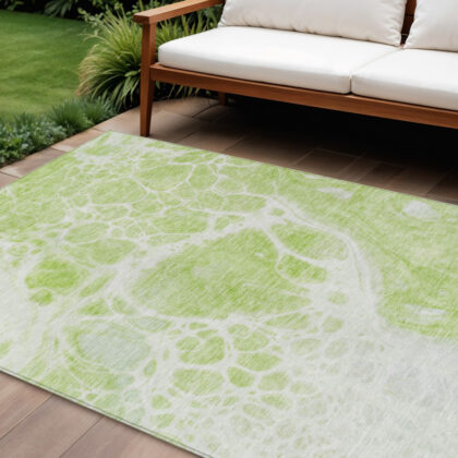 10' X 14' Artichoke Green And Ivory Nautical Washable Indoor Outdoor Area Rug
