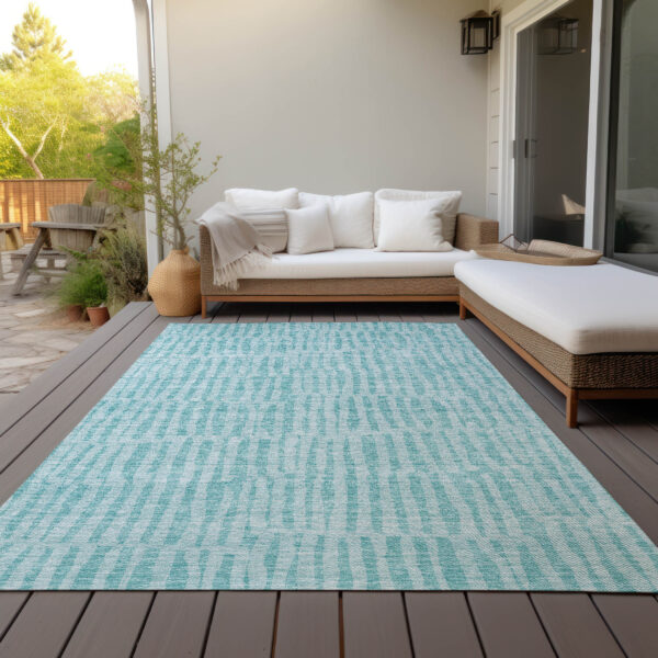8' X 10' Teal Blue And Aqua Striped Washable Indoor Outdoor Area Rug