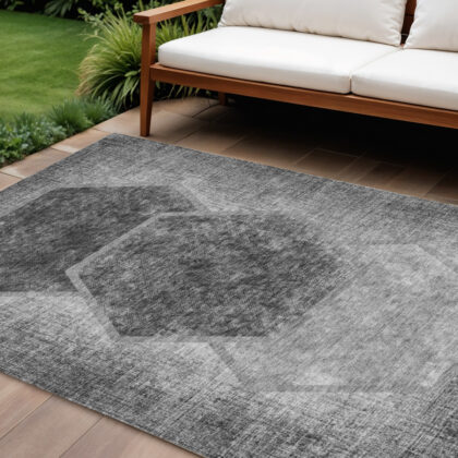 10' X 14' Gray Charcoal And Silver Geometric Washable Indoor Outdoor Area Rug