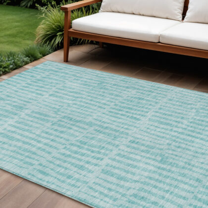 8' X 10' Teal Blue And Aqua Striped Washable Indoor Outdoor Area Rug