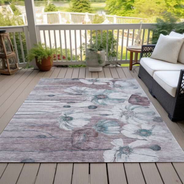 8' X 10' Teal Blue Aqua And Ivory Floral Washable Indoor Outdoor Area Rug