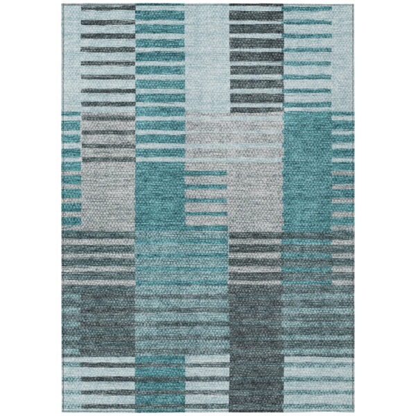 5' X 8' Teal Blue Aqua And Gray Striped Washable Indoor Outdoor Area Rug