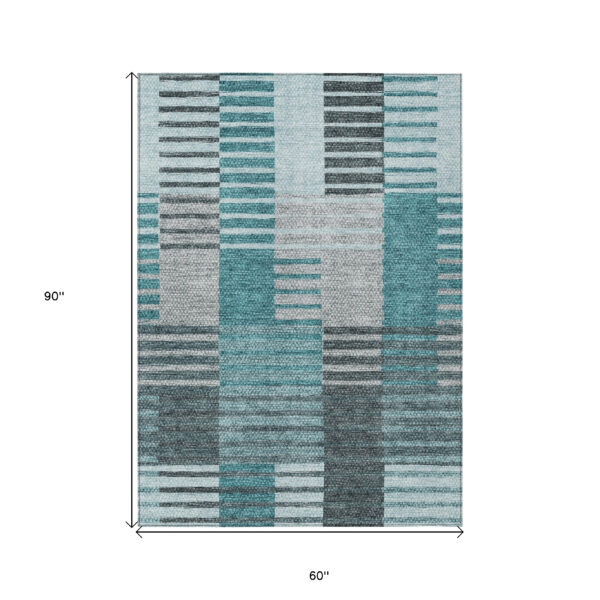 5' X 8' Teal Blue Aqua And Gray Striped Washable Indoor Outdoor Area Rug
