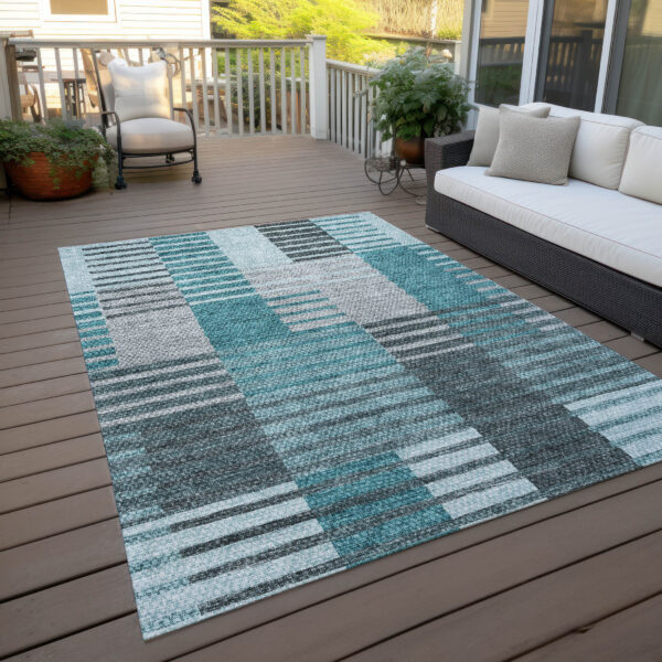 5' X 8' Teal Blue Aqua And Gray Striped Washable Indoor Outdoor Area Rug
