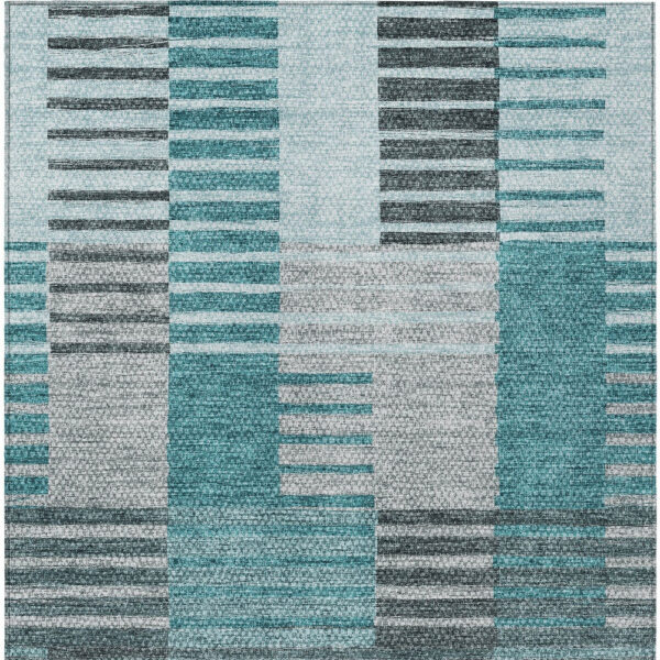 5' X 8' Teal Blue Aqua And Gray Striped Washable Indoor Outdoor Area Rug