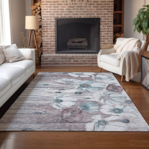 8' X 10' Teal Blue Aqua And Ivory Floral Washable Indoor Outdoor Area Rug