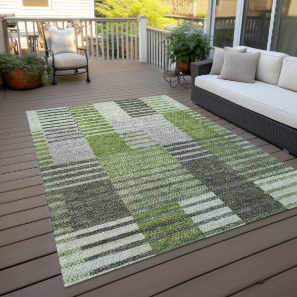 3' X 5' Green And Olive Green Striped Washable Indoor Outdoor Area Rug
