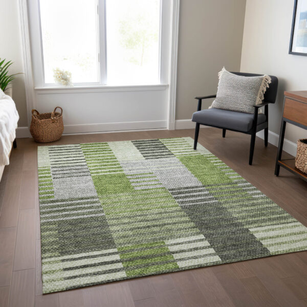 3' X 5' Green And Olive Green Striped Washable Indoor Outdoor Area Rug