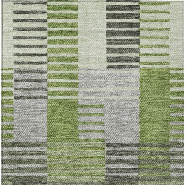 3' X 5' Green And Olive Green Striped Washable Indoor Outdoor Area Rug