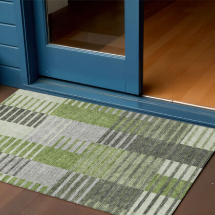 3' X 5' Green And Olive Green Striped Washable Indoor Outdoor Area Rug