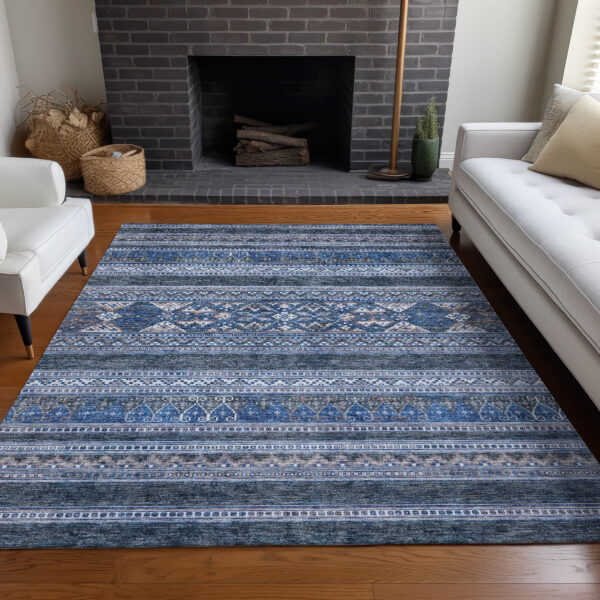 5' X 8' Navy Blue And Denim Blue Southwestern Washable Indoor Outdoor Area Rug