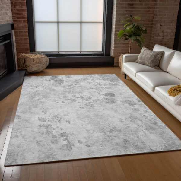 9' X 12' Gray Charcoal And Silver Floral Washable Indoor Outdoor Area Rug