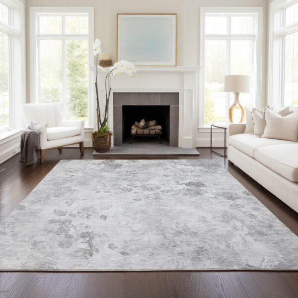 9' X 12' Gray Charcoal And Silver Floral Washable Indoor Outdoor Area Rug