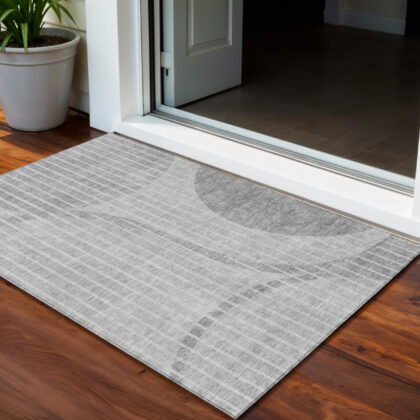 3' X 5' Gray Silver And Ivory Striped Washable Indoor Outdoor Area Rug