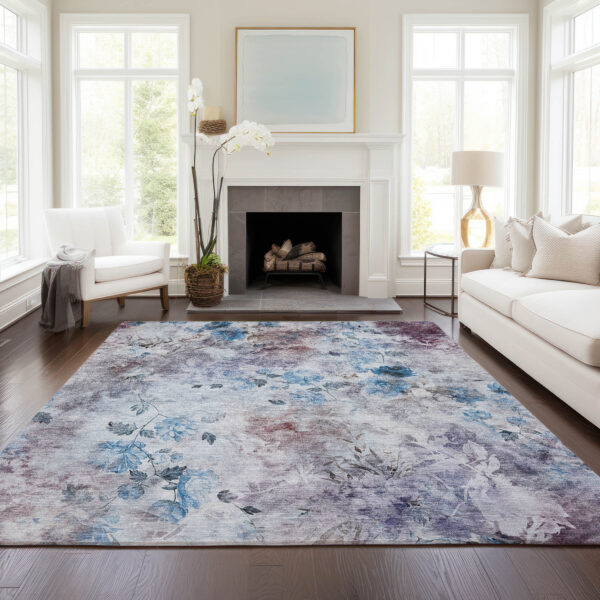 5' X 8' Navy Blue And Sky Blue Floral Washable Indoor Outdoor Area Rug