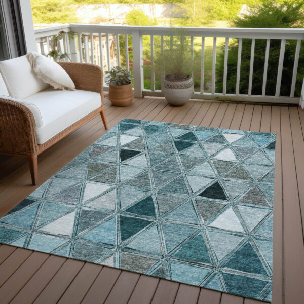 10' X 14' Teal Blue Aqua And Gray Geometric Washable Indoor Outdoor Area Rug