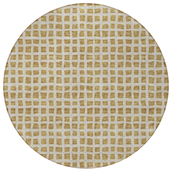 8' Gold And Beige Round Geometric Washable Indoor Outdoor Area Rug